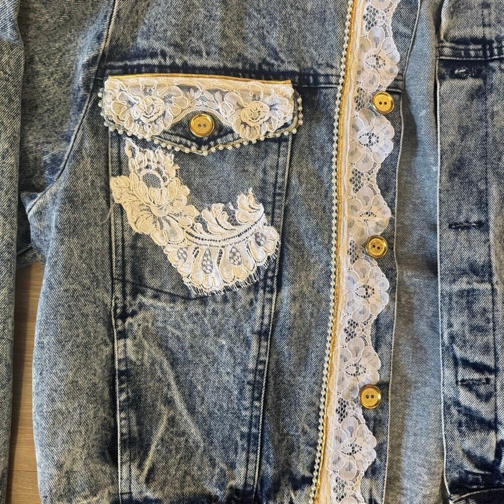 Vintage Angiolo Bellini L Embellished Jean Jacket Retro 80's Disco Beaded Lace - Picture 2 of 8
